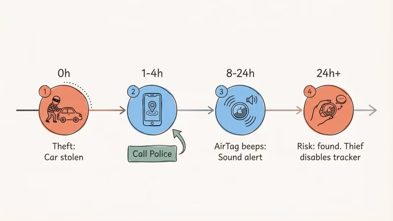 Timeline of AirTag car theft recovery showing alert windows and police response