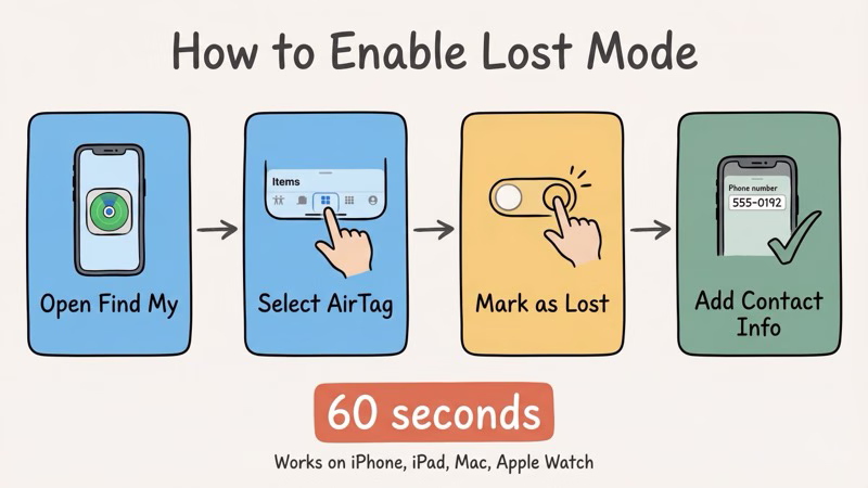 Step-by-step guide showing how to enable AirTag Lost Mode in the Find My app