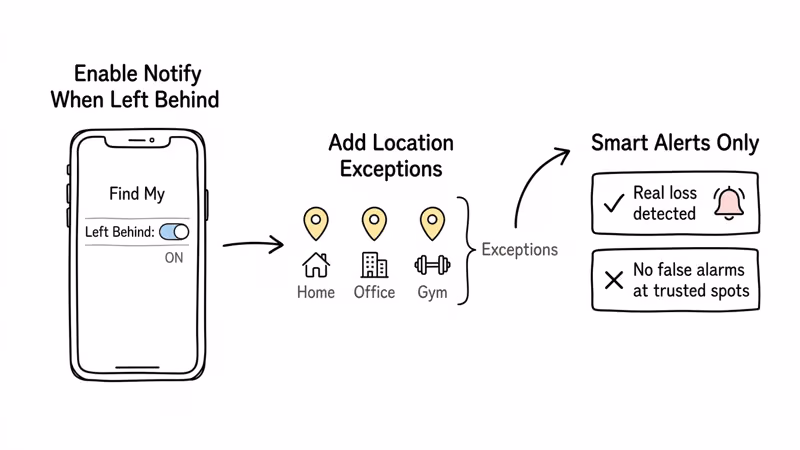 Flowchart showing AirTag Left Behind alert setup with location exceptions for home, office, and gym