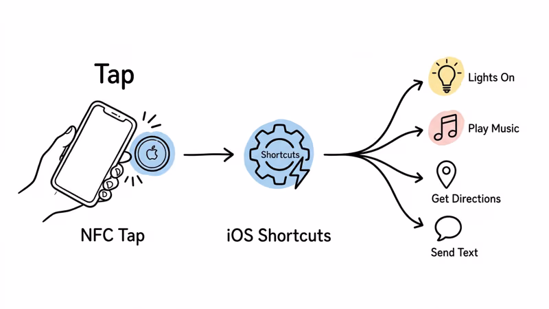 Flowchart showing NFC tap on AirTag triggering iOS Shortcuts: lights, music, directions, and messages