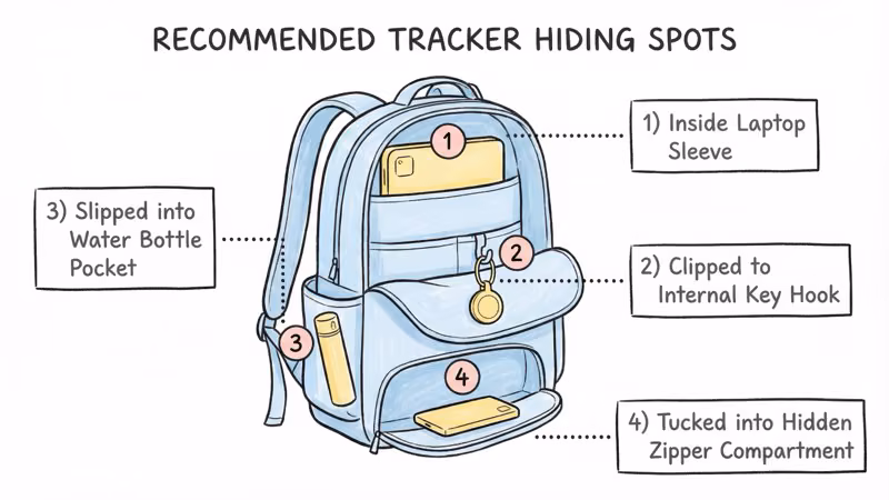 Four recommended tracker hiding spots in a backpack: laptop sleeve, internal key hook, water bottle pocket, and hidden zipper compartment