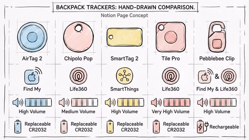 Five backpack trackers compared: AirTag 2, Chipolo Pop, SmartTag 2, Tile Pro, and Pebblebee Clip with network and volume specs