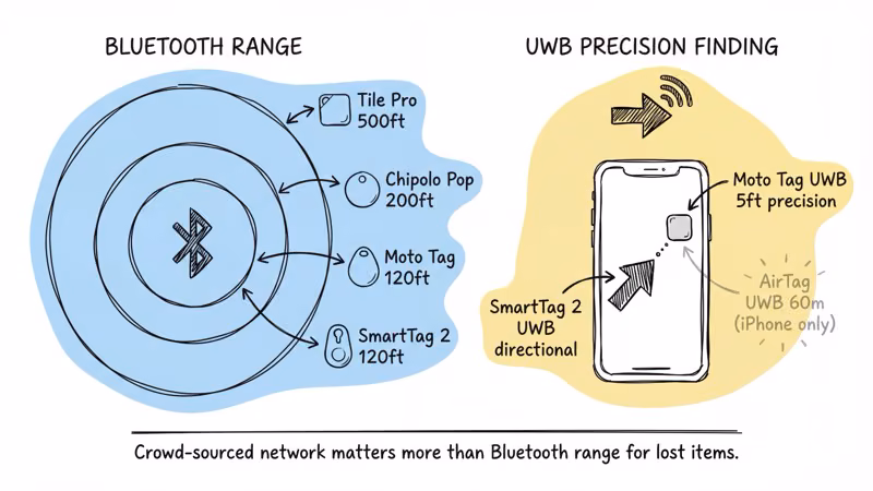 Bluetooth range comparison: Tile Pro 500ft, Chipolo Pop 200ft, Moto Tag 120ft with UWB precision, SmartTag 2 120ft with UWB directional