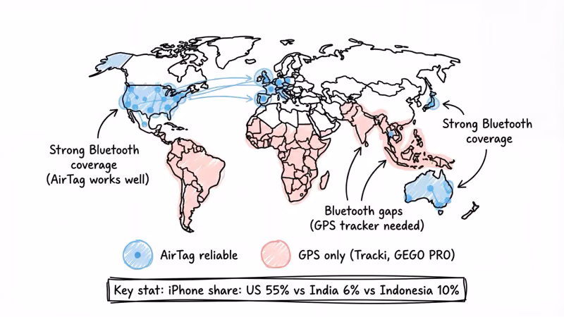 World map showing Bluetooth tracker coverage: strong in US, UK, Japan, Australia vs GPS-only zones in Southeast Asia, Africa, South America