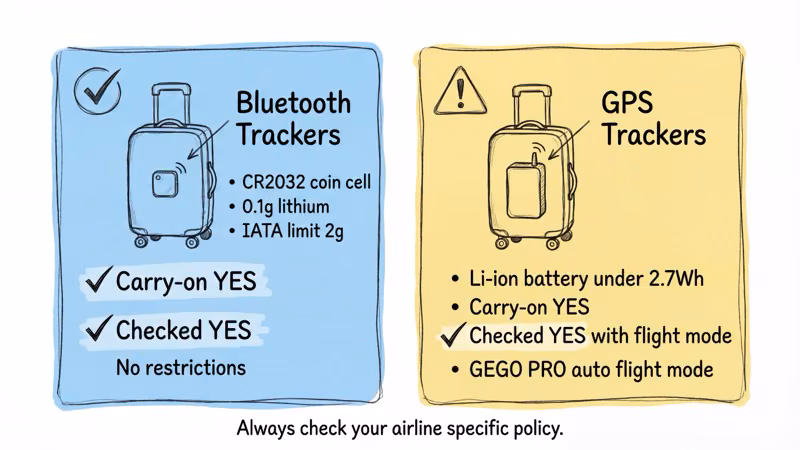 IATA battery rules for luggage trackers: Bluetooth CR2032 no restrictions, GPS Li-ion under 2.7Wh allowed with flight mode