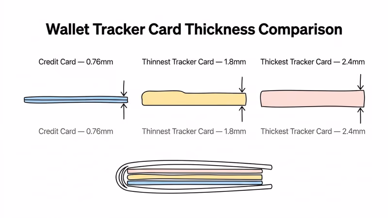 Thickness comparison of seven wallet tracker cards measured with digital calipers from 1.7mm to 2.5mm