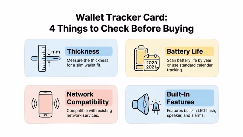 Wallet tracker card buying guide covering thickness, battery type, and network compatibility factors