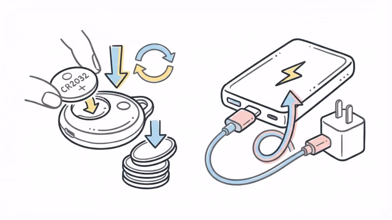 Battery comparison between Chipolo Pop replaceable CR2032 and Pebblebee Clip 5 rechargeable USB-C