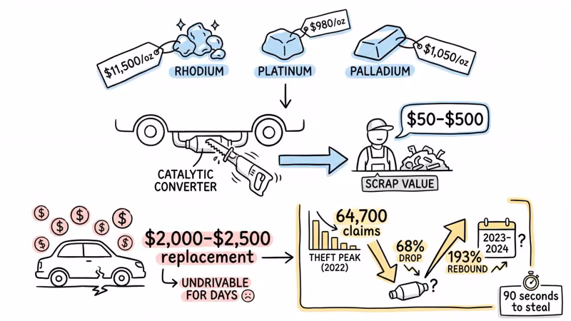 Catalytic converter theft economics: rhodium at $11,500 per ounce, $50-$500 scrap payout, $2,000-$2,500 replacement cost, 64,700 peak claims in 2022