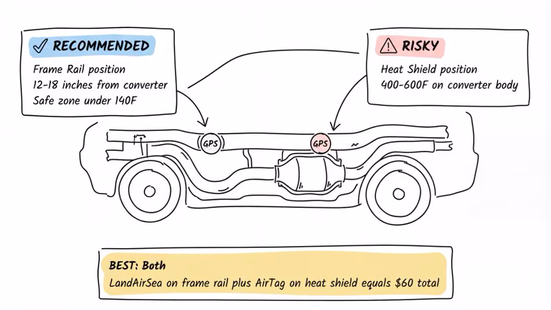 GPS tracker mounting diagram: frame rail position recommended at 12-18 inches from converter, heat shield position risky at 400-600 degrees
