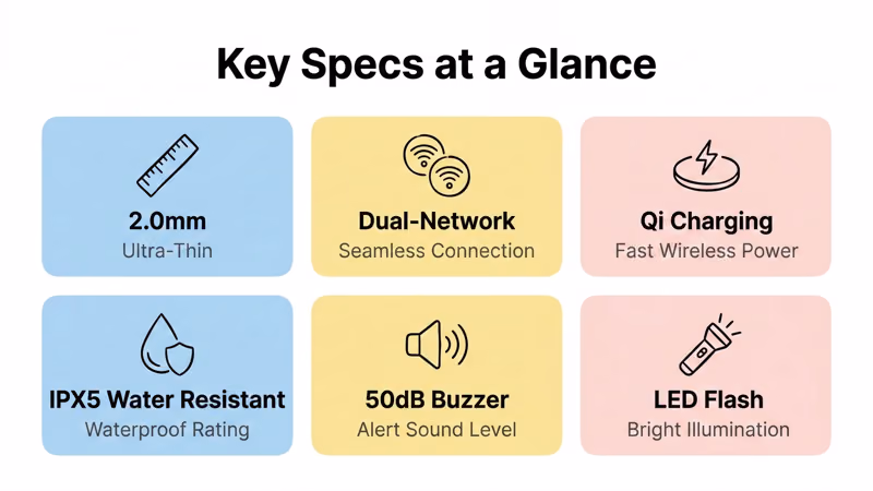 Pebblebee Card 5 full specifications including 1.8mm thickness, 14g weight, Qi charging, and IP66 rating
