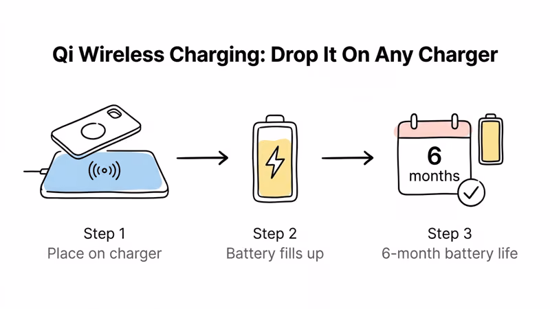 Pebblebee Card 5 Qi wireless charging on a standard charging pad with 18-month battery life between charges